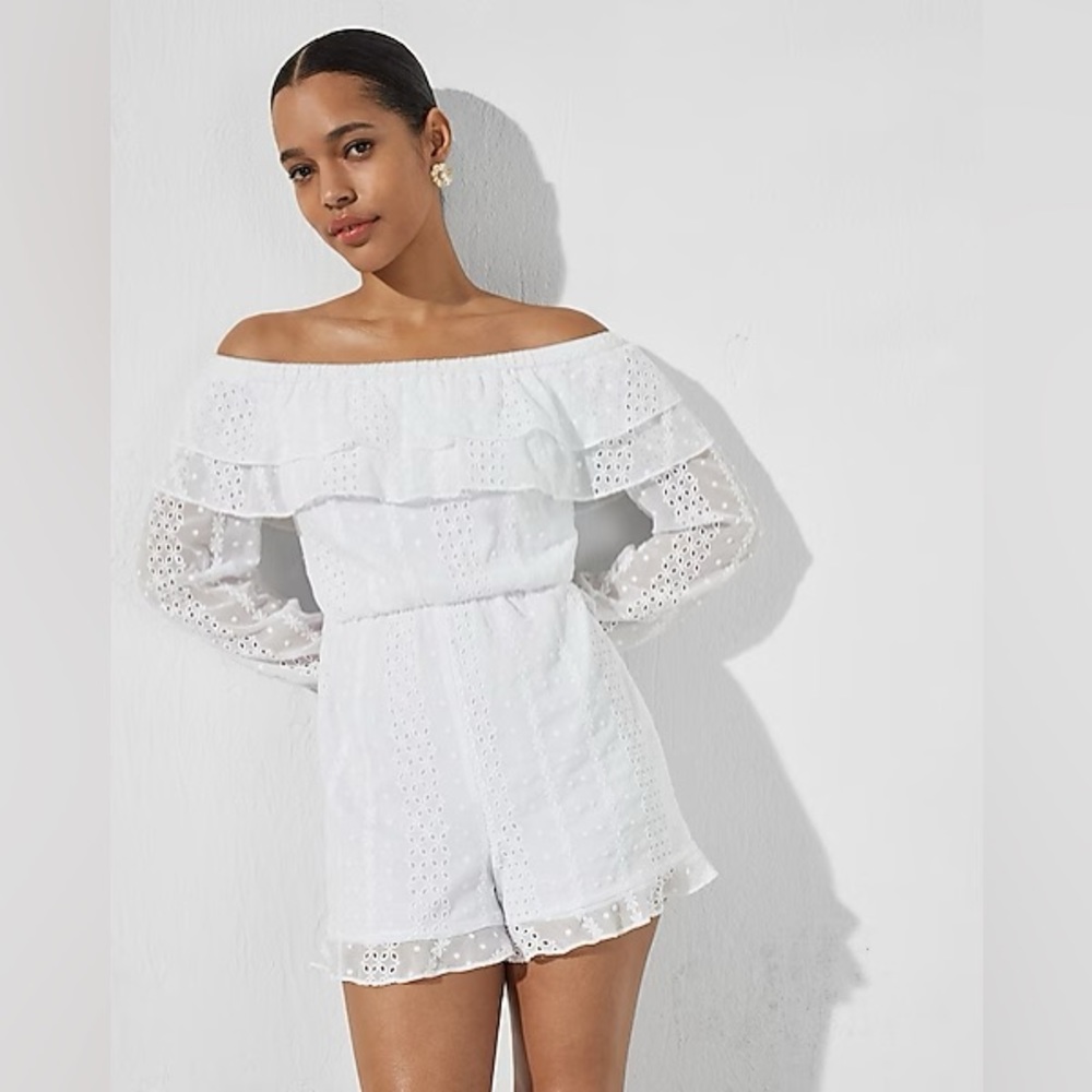 Express White Eyelet Off the Shoulder Romper